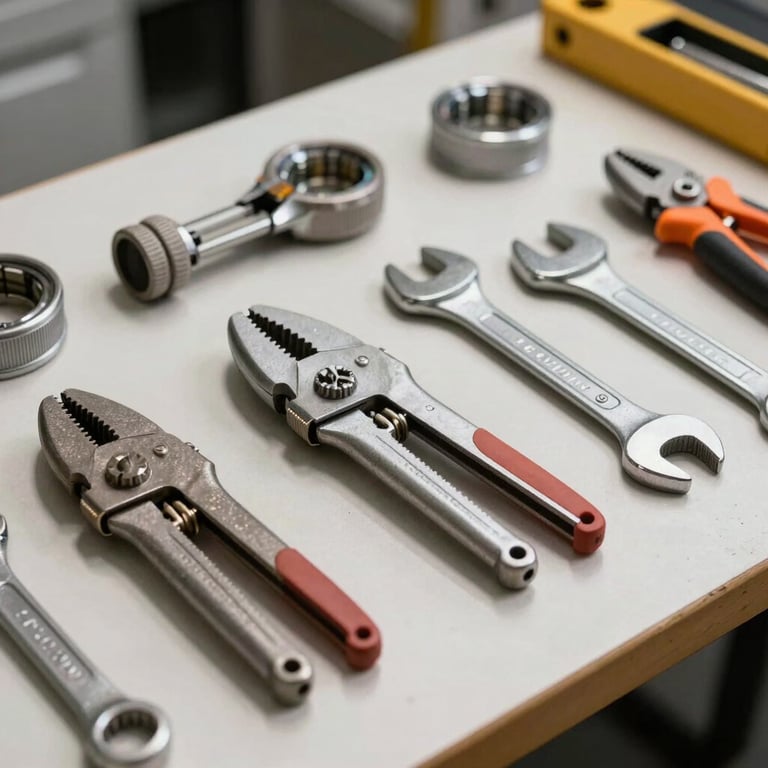A neatly organized set of professional plumbing tools including pipe cutters and wrenches on a clean off-white workbench.