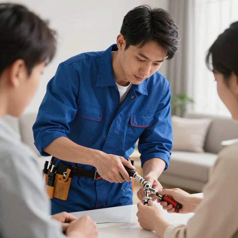A professional plumber explaining a repair process to a customer in a bright North American living room setting.