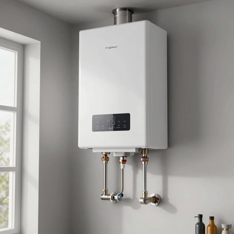 A newly installed high-efficiency water heater in a clean, modern North American basement.