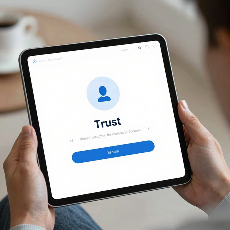 Close-up of a pair of hands holding a tablet showing a secure login screen, representing trust and data protection in mental health.