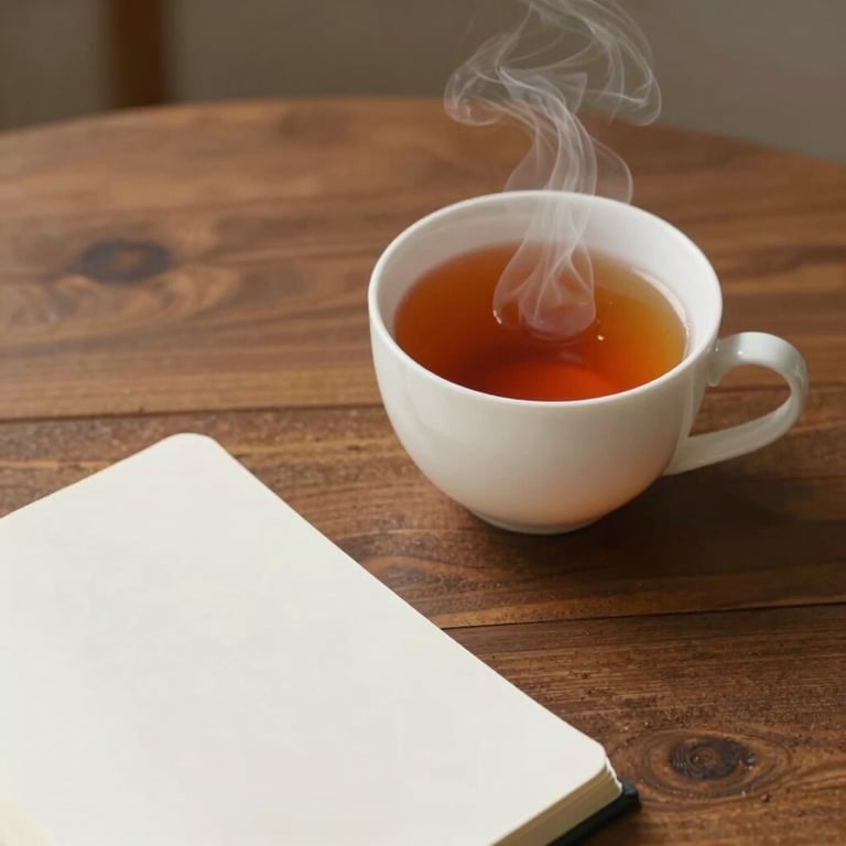 A warm, top-down shot of a wooden table with a steaming cup of tea and a blank journal, symbolizing self-reflection.
