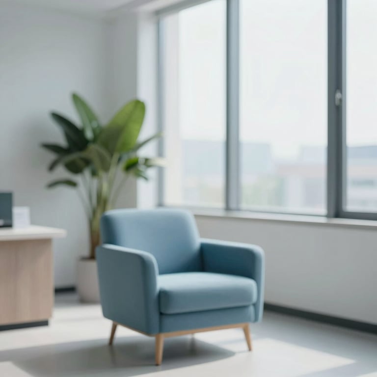 A peaceful modern clinical office with a soft blue armchair, a green plant, and large windows with bright natural light.