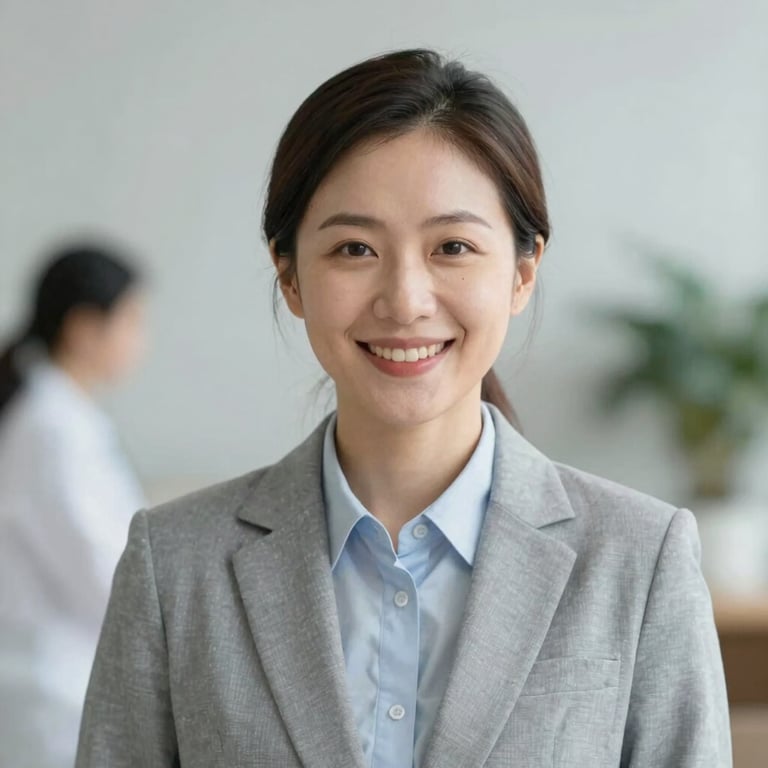 A professional psychologist with a gentle and inviting smile, dressed in soft gray business attire, against a blurred serene background.