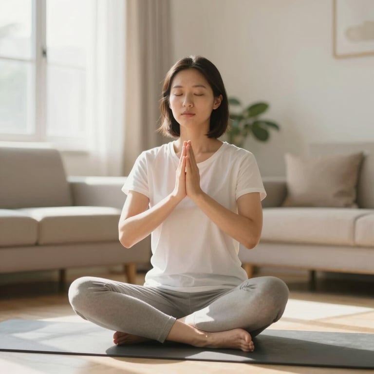 A person in a bright living room practicing mindfulness, with soft morning sunlight creating a serene and safe atmosphere.