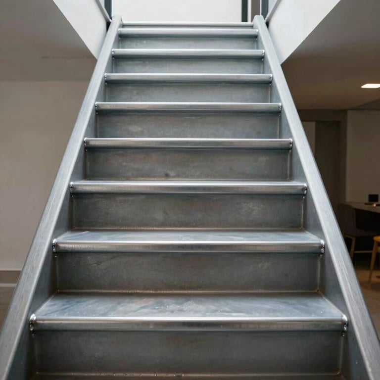 Steel stairs in a modern residential setting, showing clean welds and silver gray finishes, architectural photography style.