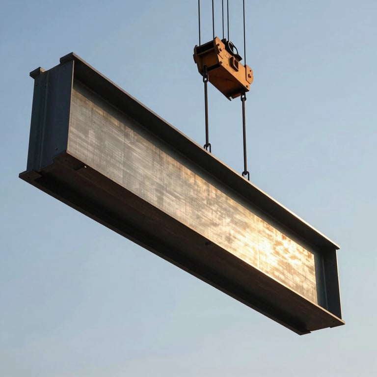 A heavy structural steel beam being positioned by a crane on a construction site, gold sunlight highlighting the metal texture.