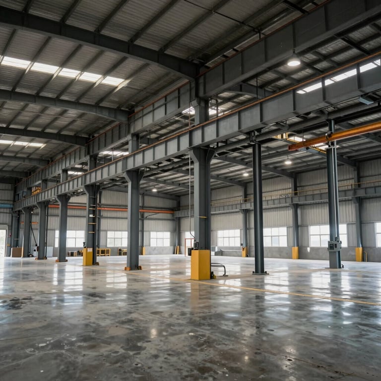 A wide shot of a finished industrial warehouse with large steel beams and a polished floor, emphasizing precision engineering, North American / Mexican context.