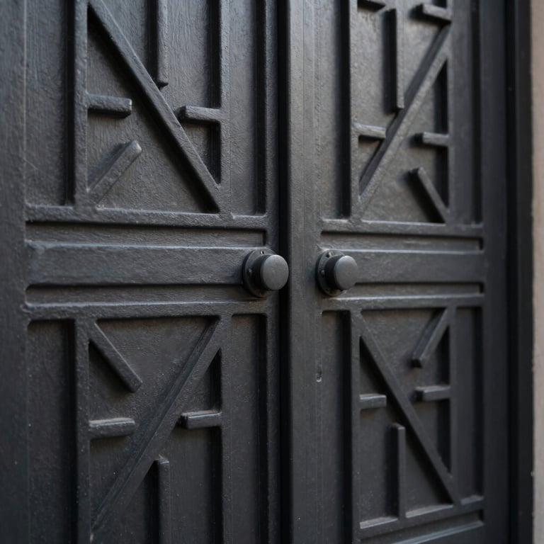 Detailed macro shot of a custom luxury steel gate with intricate geometric patterns, matte black finish, minimalist industrial aesthetic.