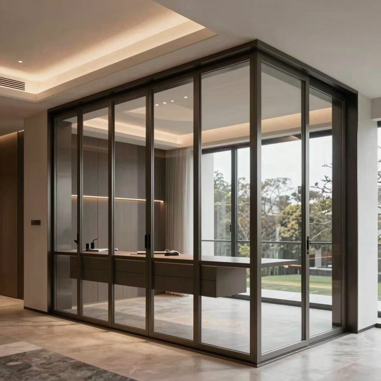 Interior view of a high-end residential project featuring custom steel cancelery and large glass panes, professional lighting.