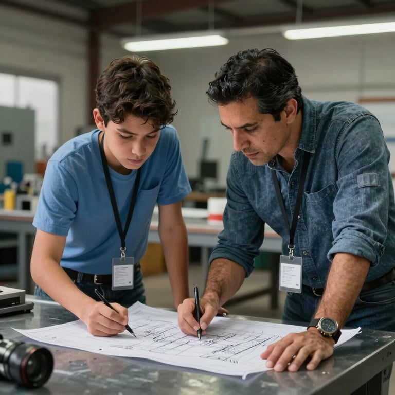 Action shot of two experts, father and son, reviewing technical blueprints over a steel workbench in Guadalajara, North American / Mexican context.