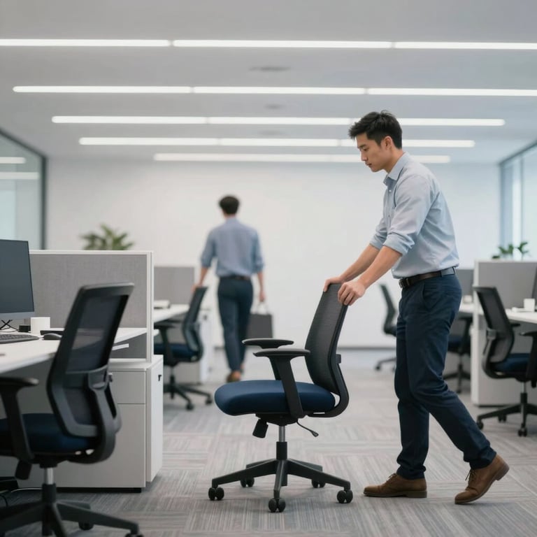 A tidy, modern office space in Dubai with movers carefully placing ergonomic chairs, highlighting efficiency. Palette: #2C3E50, #F8F9FA.