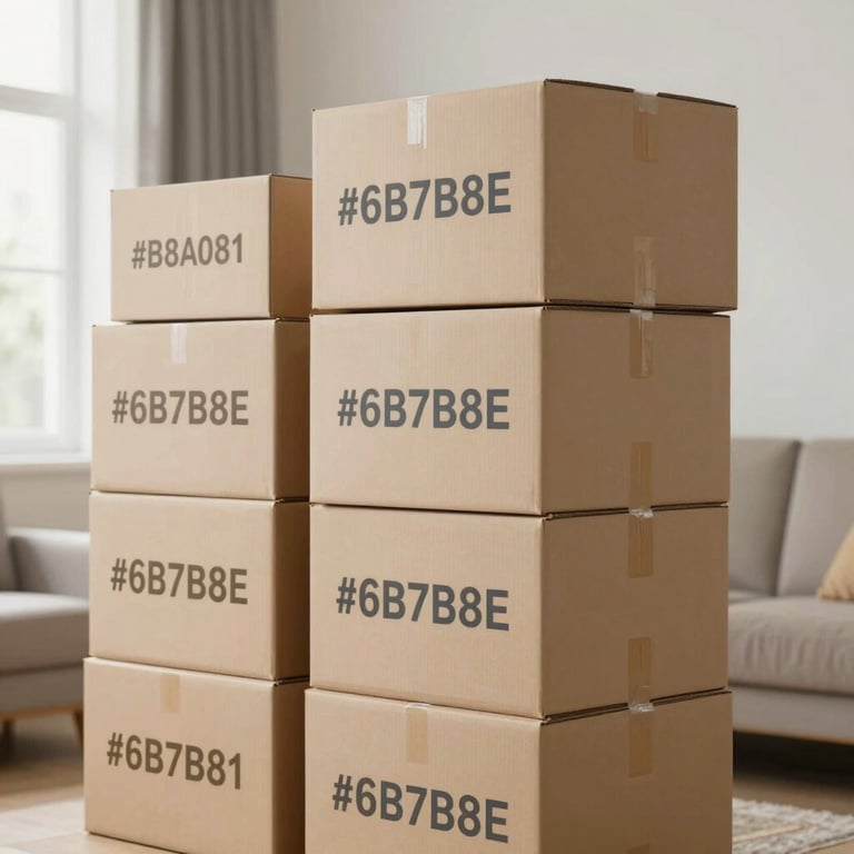 A stack of perfectly labeled and organized moving boxes in a bright room, showcasing attention to detail. Palette: #6B7B8E, #B8A081.