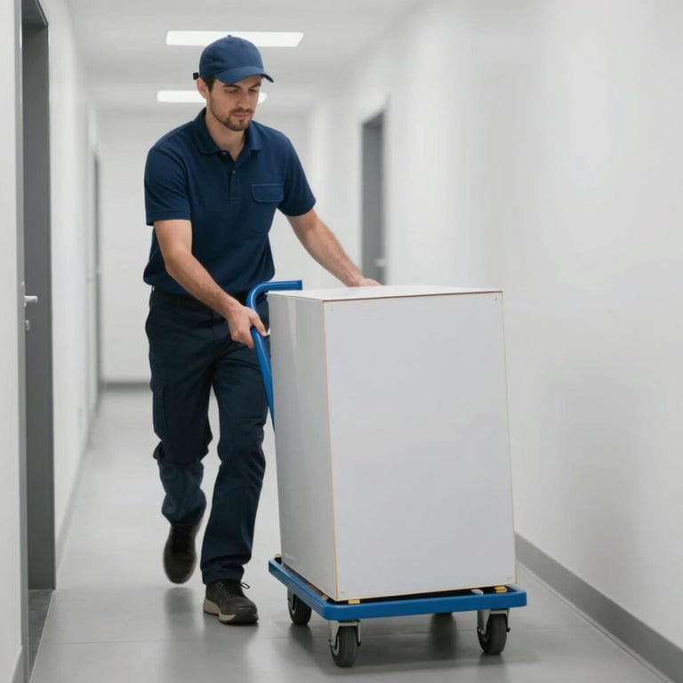 A professional mover using a dolly to transport a heavy item safely down a clean hallway. Palette: #2C3E50, #F8F9FA.
