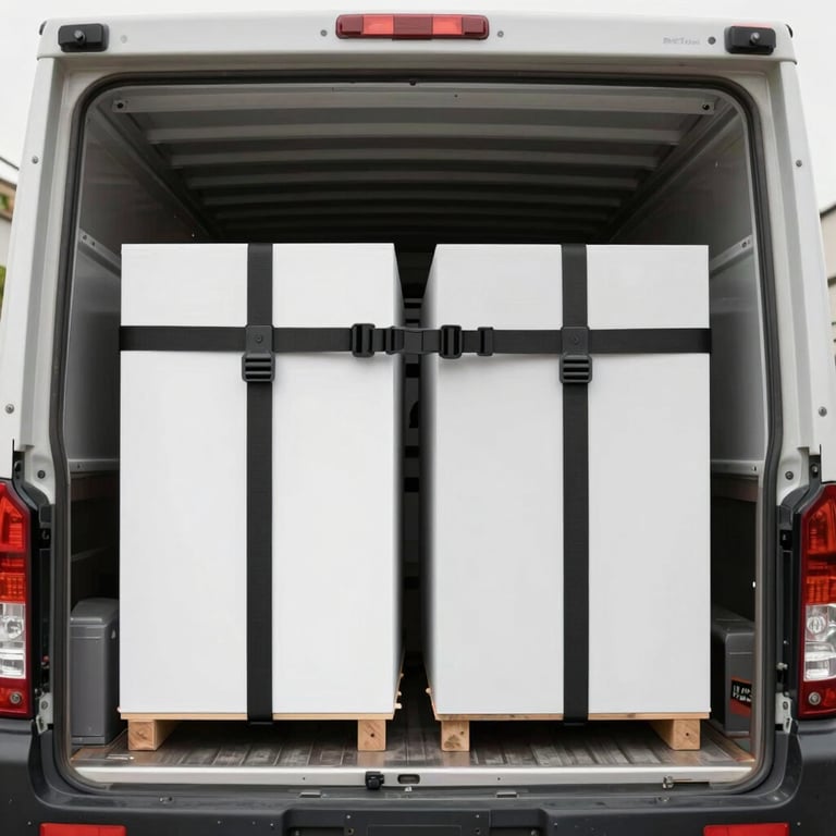 Interior of a clean, well-lit moving truck with items secured with high-quality straps. Palette: #6B7B8E, #F8F9FA.