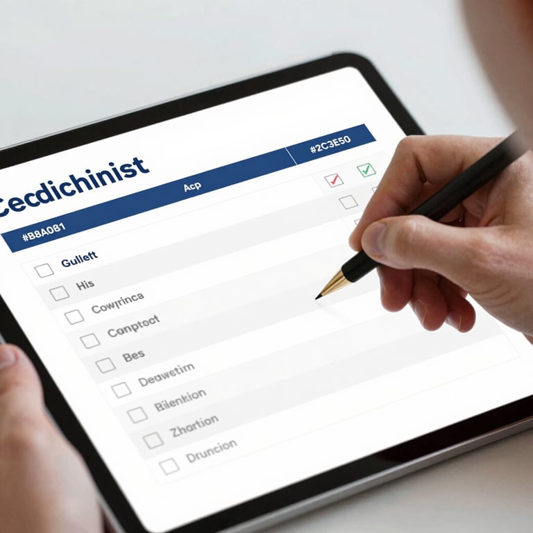 Detailed view of a moving checklist and a tablet used for digital inventory management. Palette: #B8A081, #2C3E50.