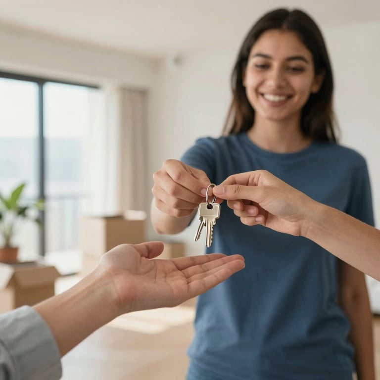 A happy customer receiving keys in a beautifully moved-in Dubai apartment. Palette: #2C3E50, #B8A081.