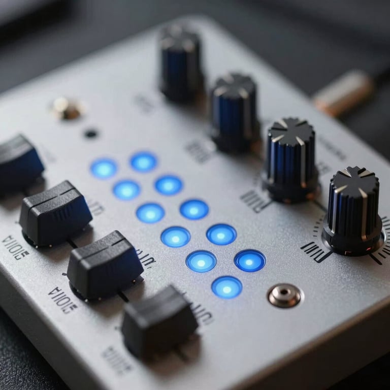 Macro shot of a sleek audio interface with sky blue LED indicator lights, professional tech-forward aesthetic.