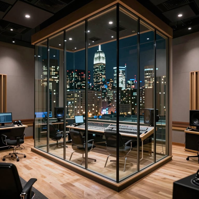 Modern glass-walled recording studio in a global metropolitan skyscraper at night, skyline bokeh in background.