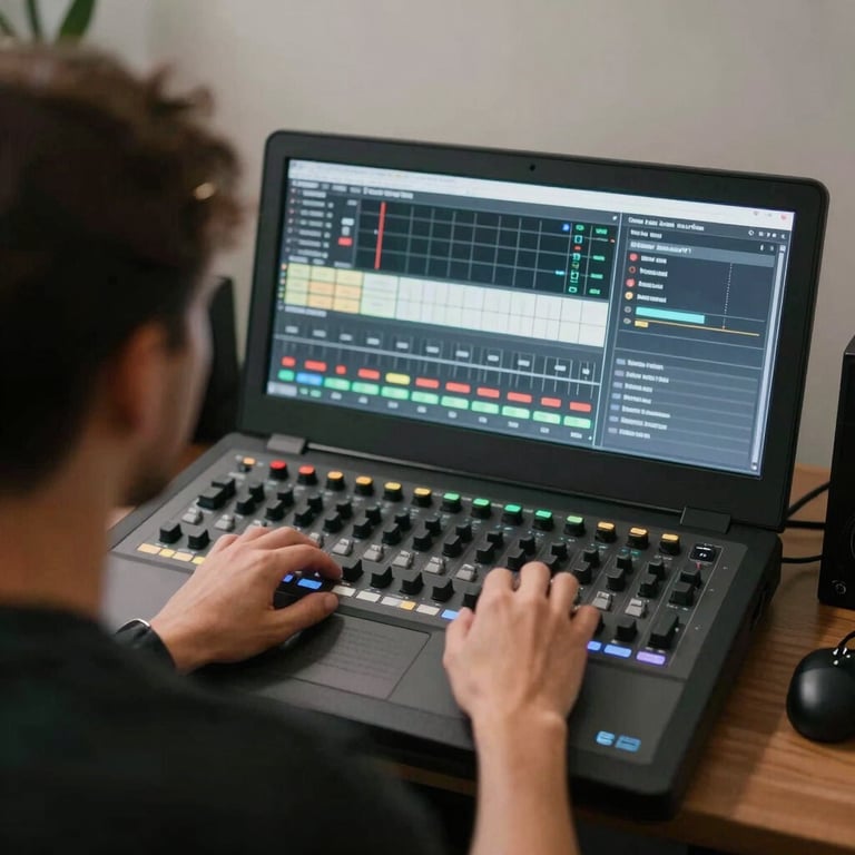 Over-the-shoulder view of a sound engineer working on a minimalist digital workstation interface, focused mood.
