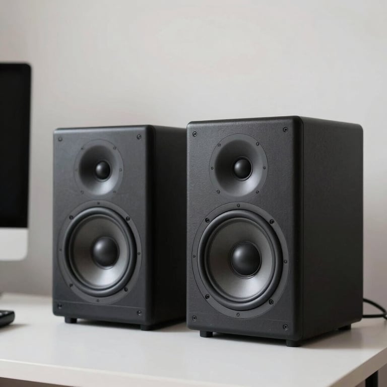 A pair of premium studio monitor speakers on a white desk, minimalist workspace, Global / International style.