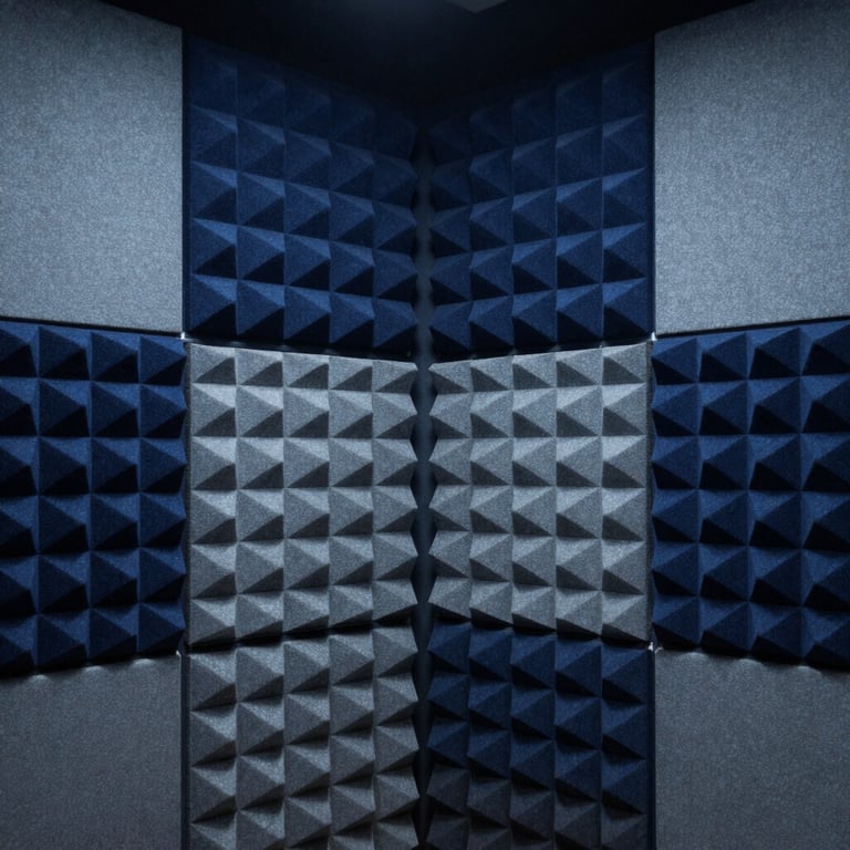 Minimalist recording booth interior with geometric soundproofing panels in deep navy blue and greyish blue.