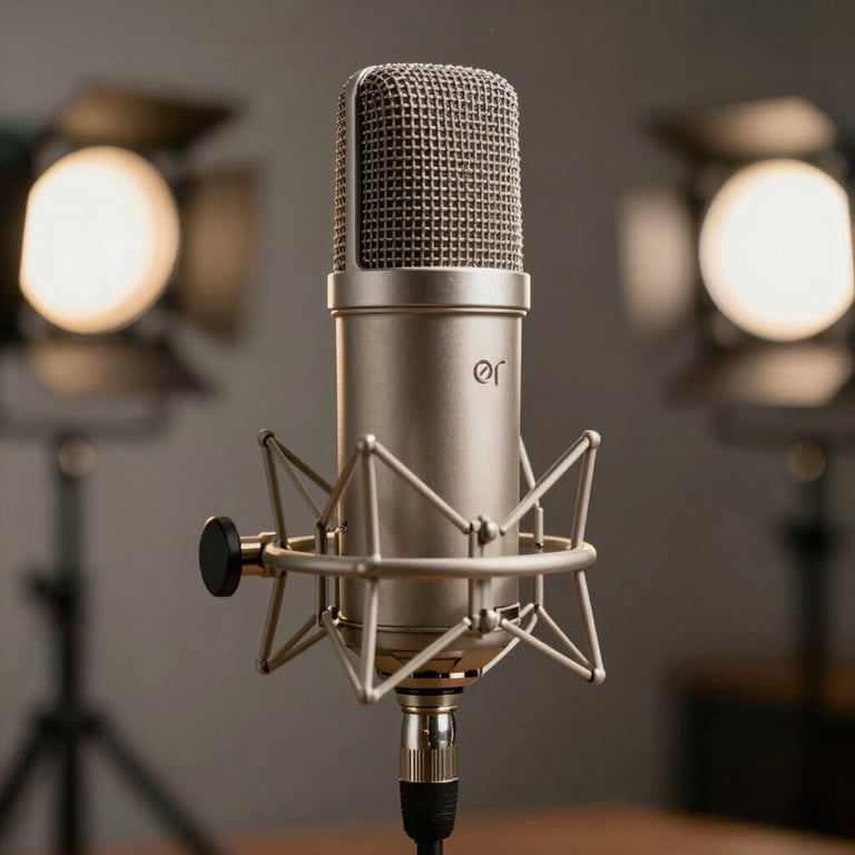 A polished silver condenser microphone reflecting soft studio lights in a sophisticated professional setting.