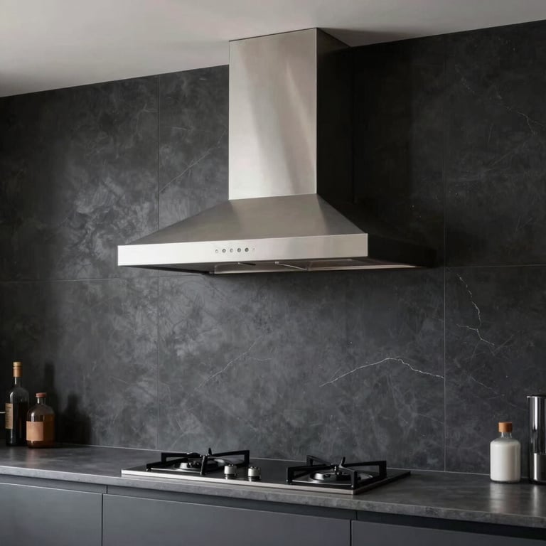 A wide shot of a modern kitchen featuring a sleek wall-mounted chimney against a dark charcoal backsplash.