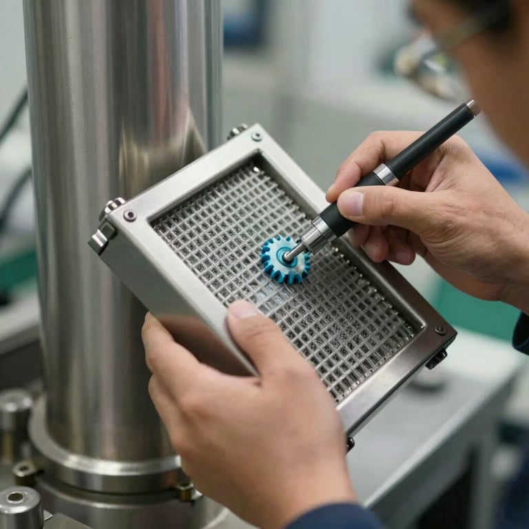 Close-up of a technician's hands carefully cleaning a stainless steel chimney filter with professional equipment.