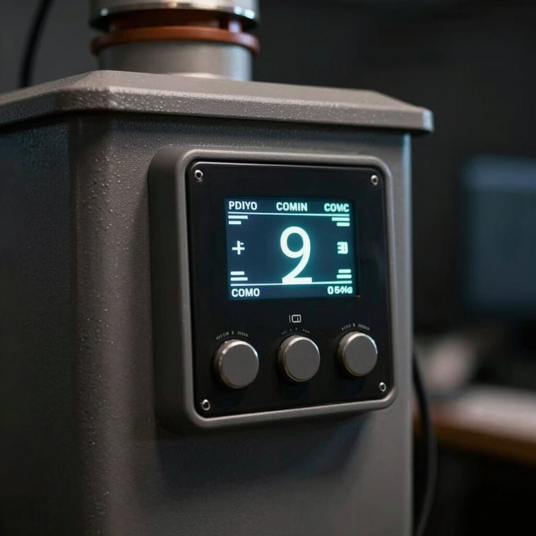 Detailed view of a chimney's digital touch control panel illuminated in a professional dark setting.