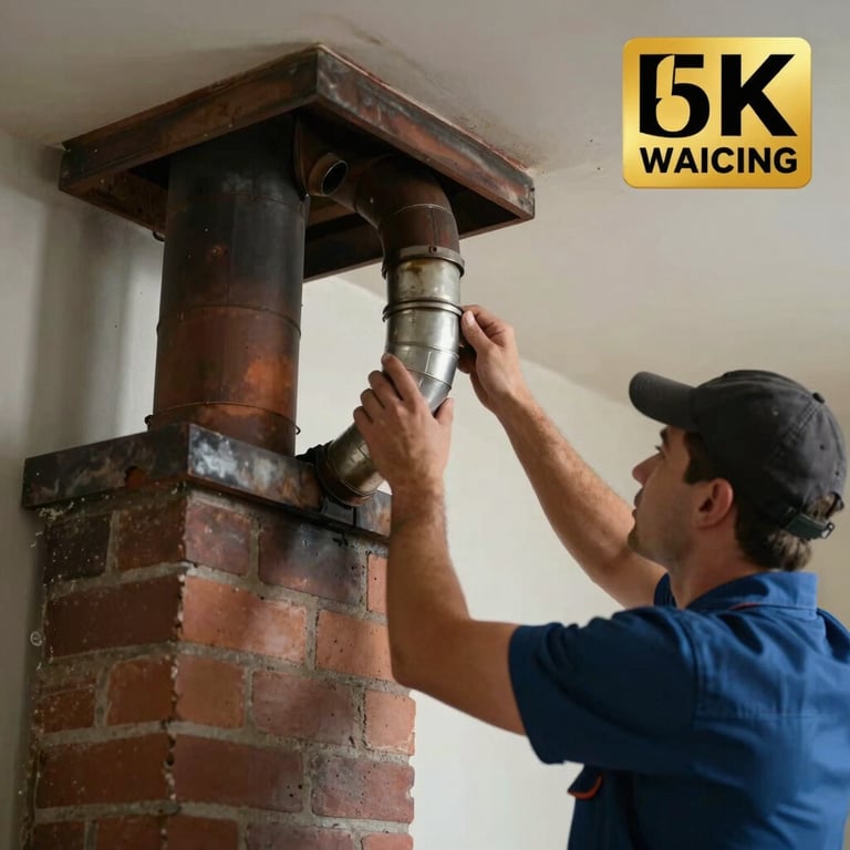 A professional service team member checking the exhaust ducting of a chimney during a routine maintenance visit.