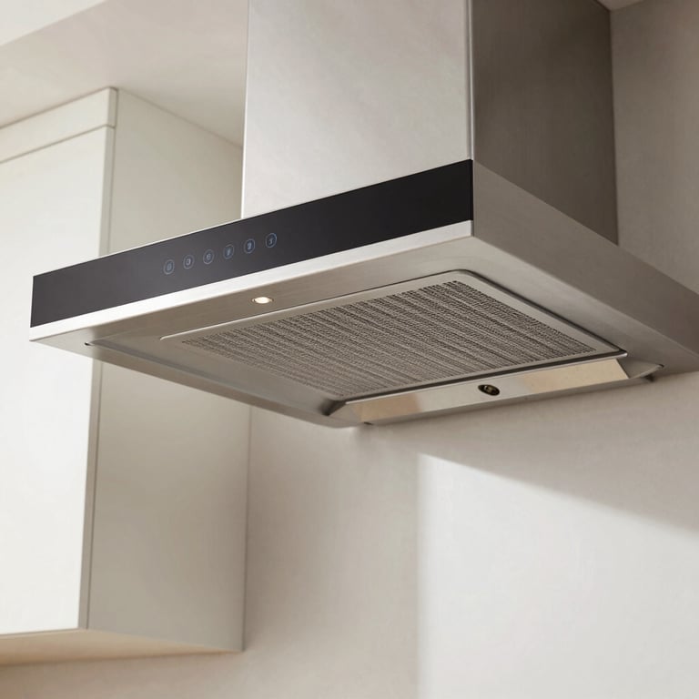 A clean and bright kitchen environment showcasing the effective smoke extraction of a high-performance chimney.