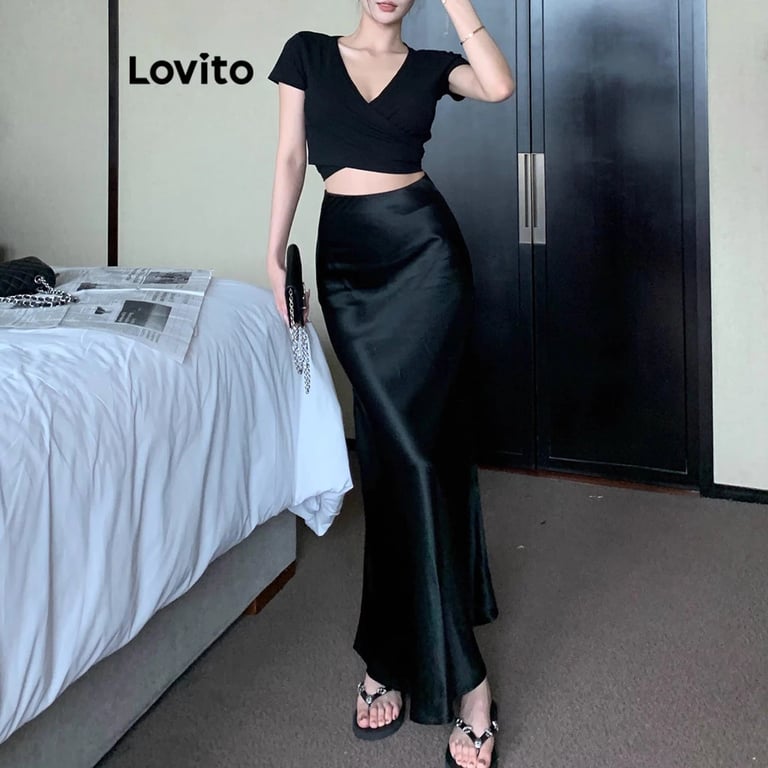 saia longa estilo elegante cetim lovito shopee