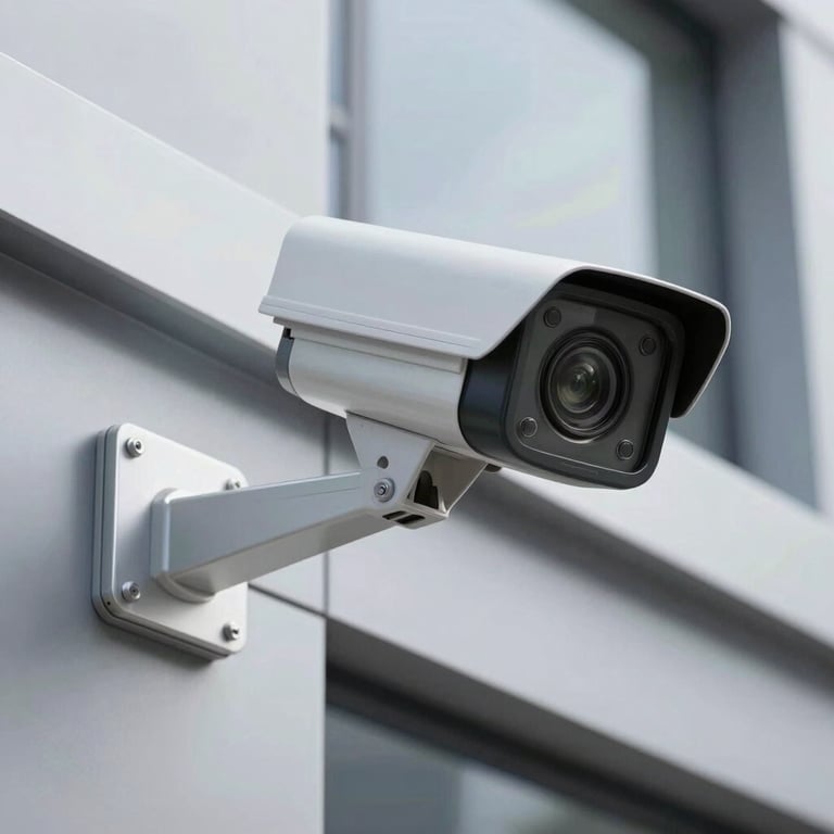 Close-up of a high-resolution digital CCTV security camera mounted on a modern building facade with silver accents.