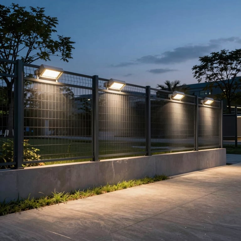 Modern exterior LED security lighting illuminating a fenced perimeter at dusk for a reliable atmosphere.