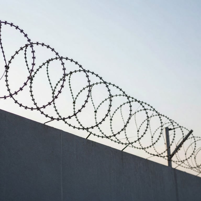 Sharp razor wire concertina installed securely on top of a gray perimeter wall against a bright sky.