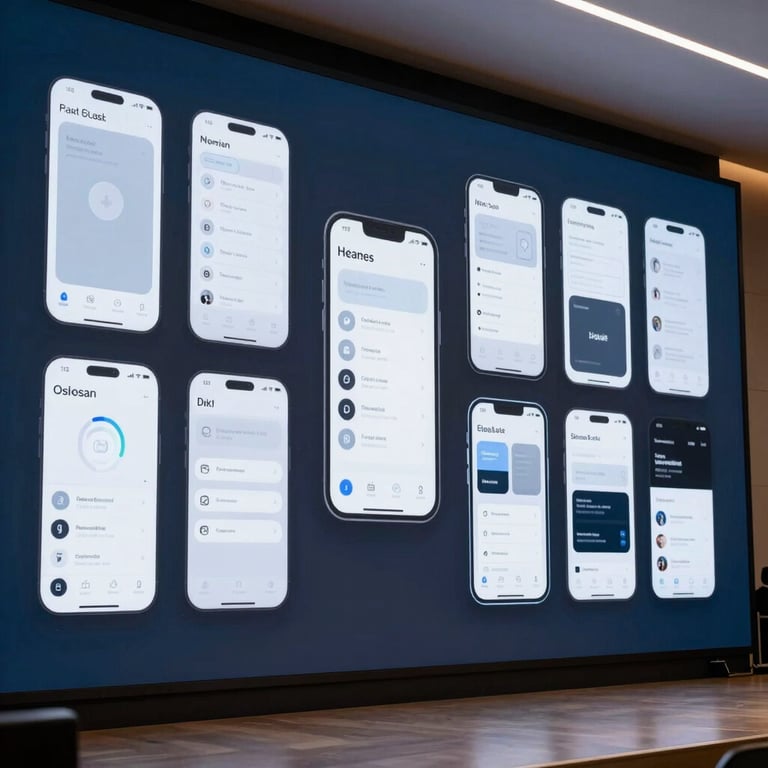 A modern tech conference room with a large screen displaying elegant mobile UI wireframes, reflecting dark navy and light blue-grey tones. Global / Tech-focused.