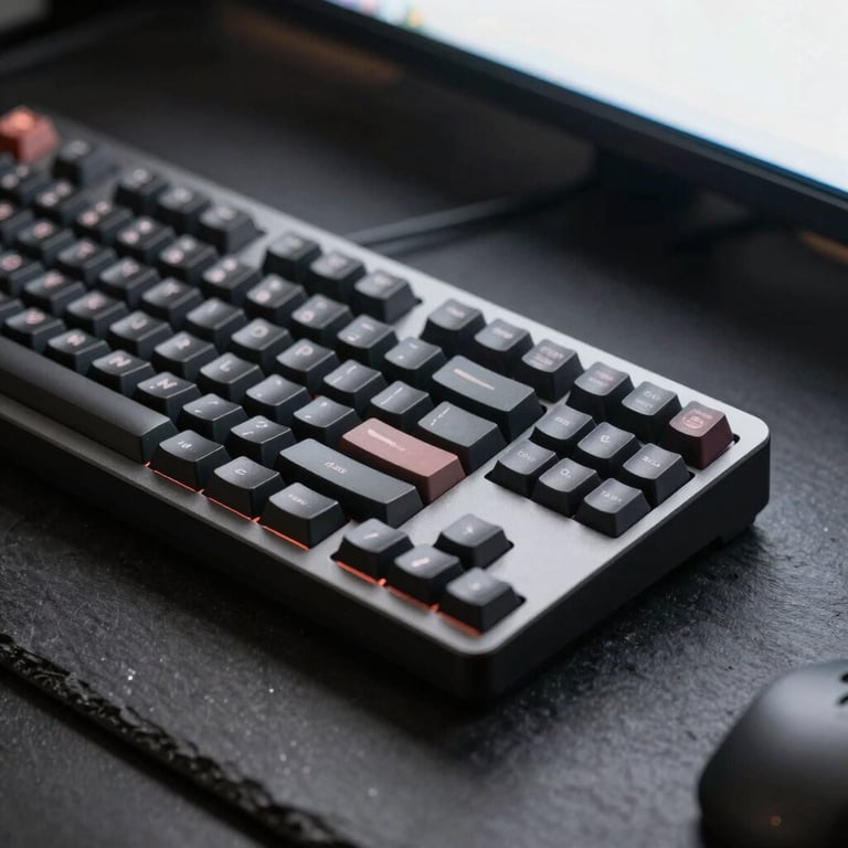 Macro shot of a mechanical keyboard on a dark slate surface, with a soft glow from a nearby monitor screen. Modern and efficient style.