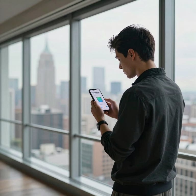 A person standing by a large floor-to-ceiling window in a skyscraper, checking a fluid Android app on their phone with a city skyline backdrop.
