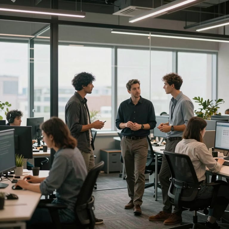 A professional team of developers collaborating in an open-plan office with glass walls, illuminated by natural light. Global / Tech-focused.