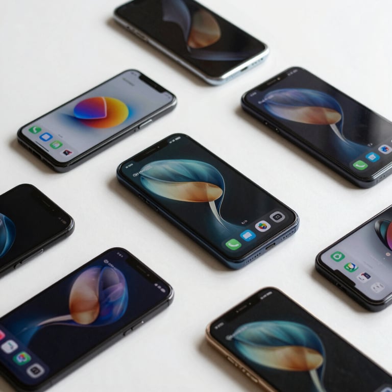 A neat arrangement of various Android smartphones on a clean desk, each displaying a different screen of a high-performance application.