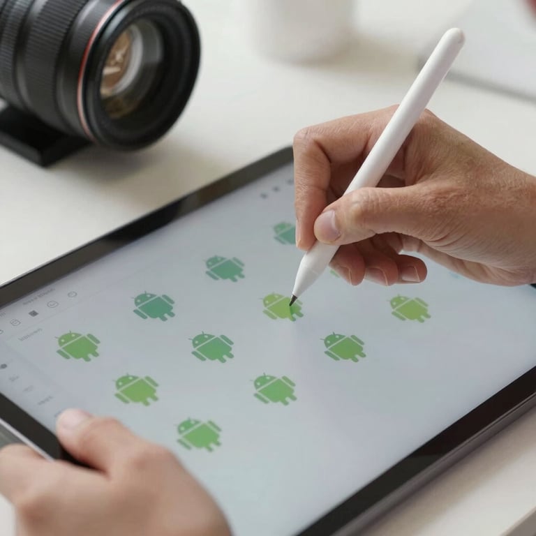 Close-up of a designer's hands using a stylus on a digital tablet to refine Android interface icons in a bright, professional setting.