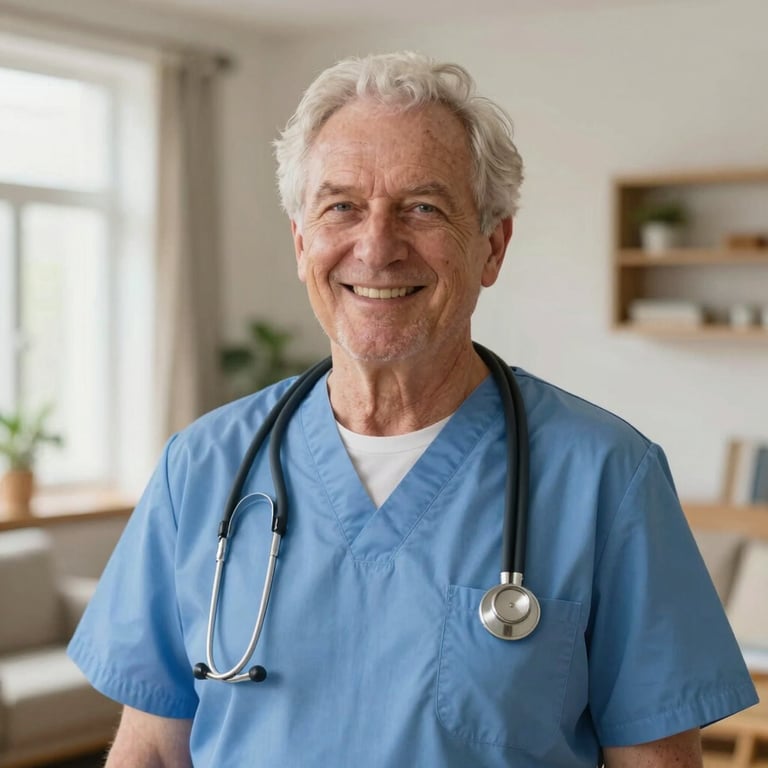 A senior care assistant smiling in a well-lit Northern European private care home environment, soft warm lighting.