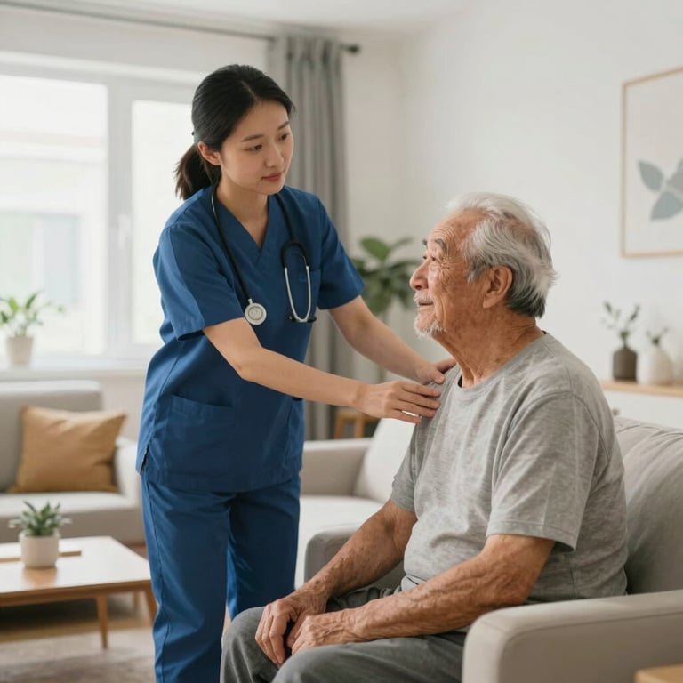 A support worker assisting an elderly resident in a bright, modern common room, high-quality photography.