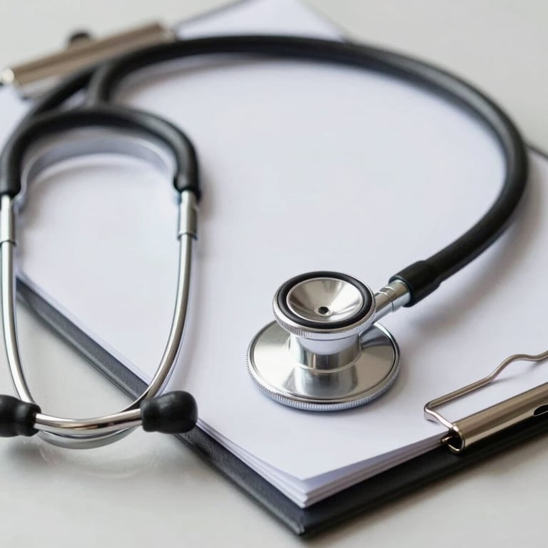 A detail shot of a stethoscope and medical folder resting on a clean white-grey desk.
