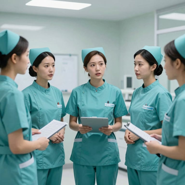 A group of nurses in ocean blue-teal uniforms having a professional briefing in a modern clinic.