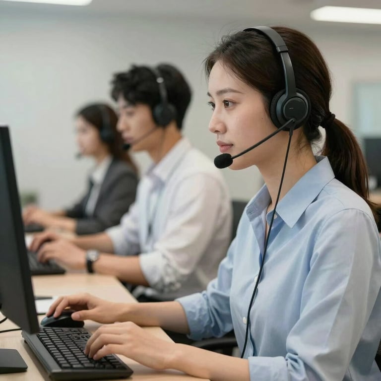 A 24/7 dedicated support team member with a headset working in a professional, clean office space.