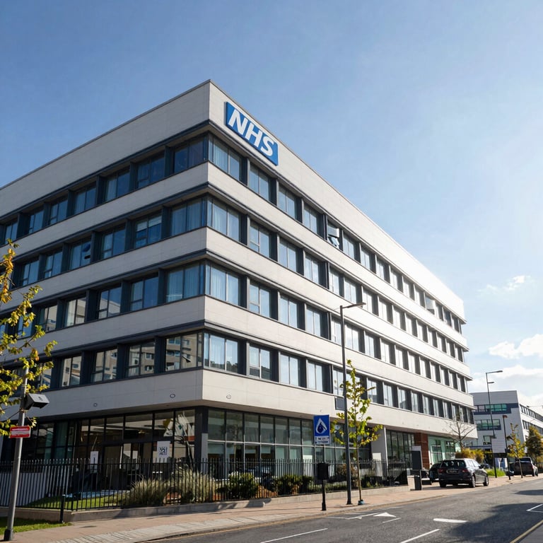 Exterior of a modern NHS hospital building in the UK under a bright, clear sky.