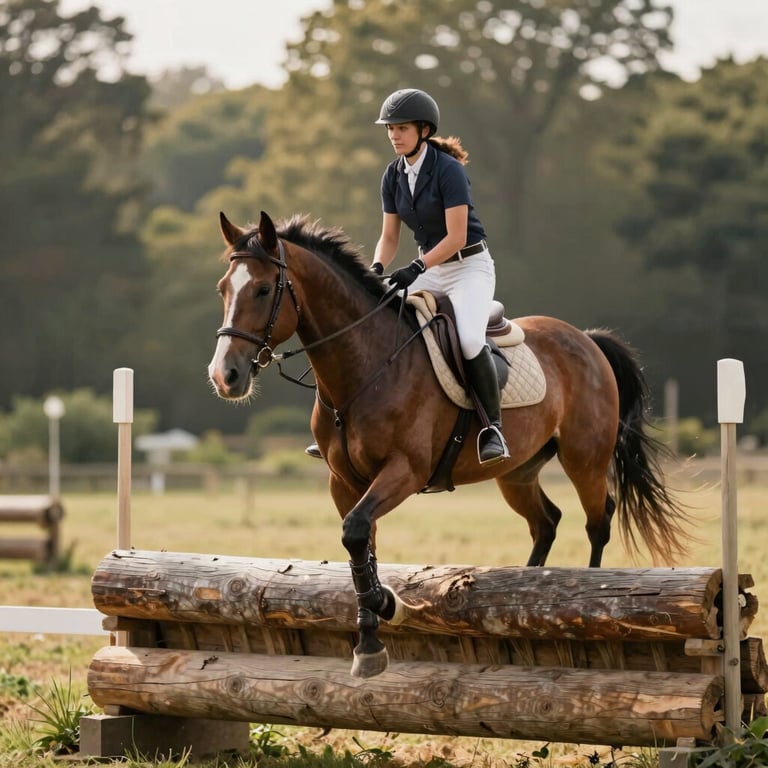 A horse and rider navigating a natural wooden bridge obstacle, loose reins, mutual trust, soft golden light, Adainville estate