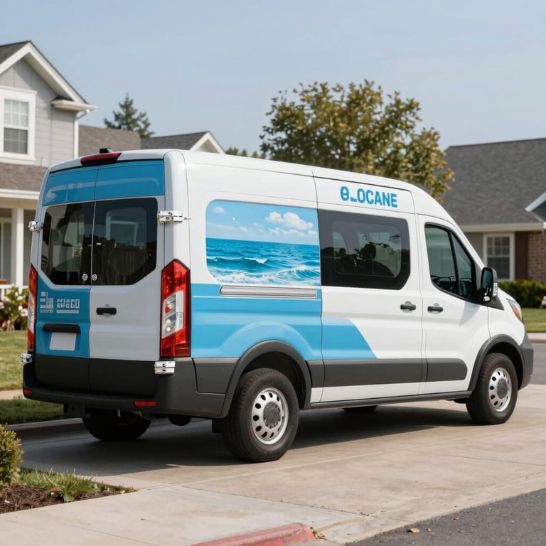 A professional HVAC service van with ocean blue branding parked on a residential North American / US driveway.