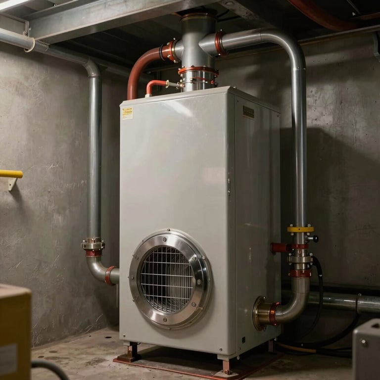 A modern, high-efficiency furnace installed in a clean North American / US basement with professional cable management.